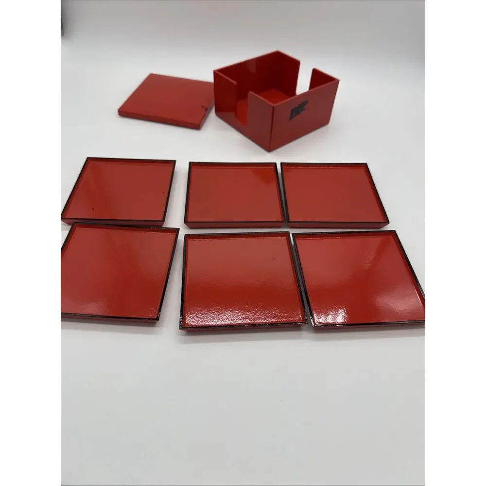 Vintage Katja for Prisma Japan Red Lacquer Coaster Set Box 7pc MCM Paint Wear